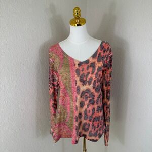 Before + Again Top Womens XL Pink Leopard Paisley Mixed Print Long Sleeve V-Neck